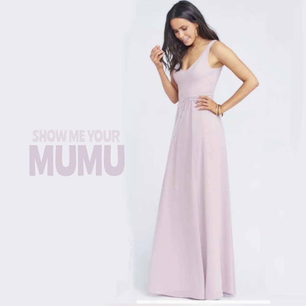 Show Me Your Mumu Jenn Maxi Dress Neutral Mauve Chiffon Low V Back